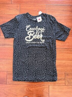 NWT Bohemian Cowgirl Cowboys & Beer Graphic Tee - Grey Leopard Print
